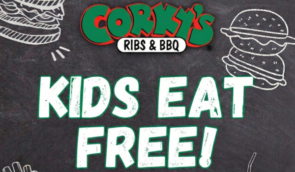 Corky’s BBQ Pigeon Forge Kids Eat Free promotion valid all March with adult entrée purchase.